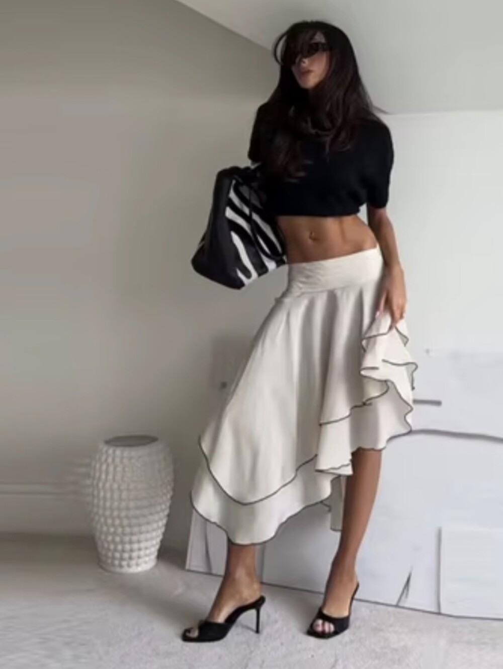ZARA Asymmetric Ruffle Midi Skirt - Cream with Black Trim